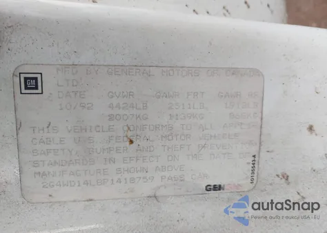 1993 Buick Regal Limited z USA, uszkodzony, nr VIN 2G4WD14L8P1418759